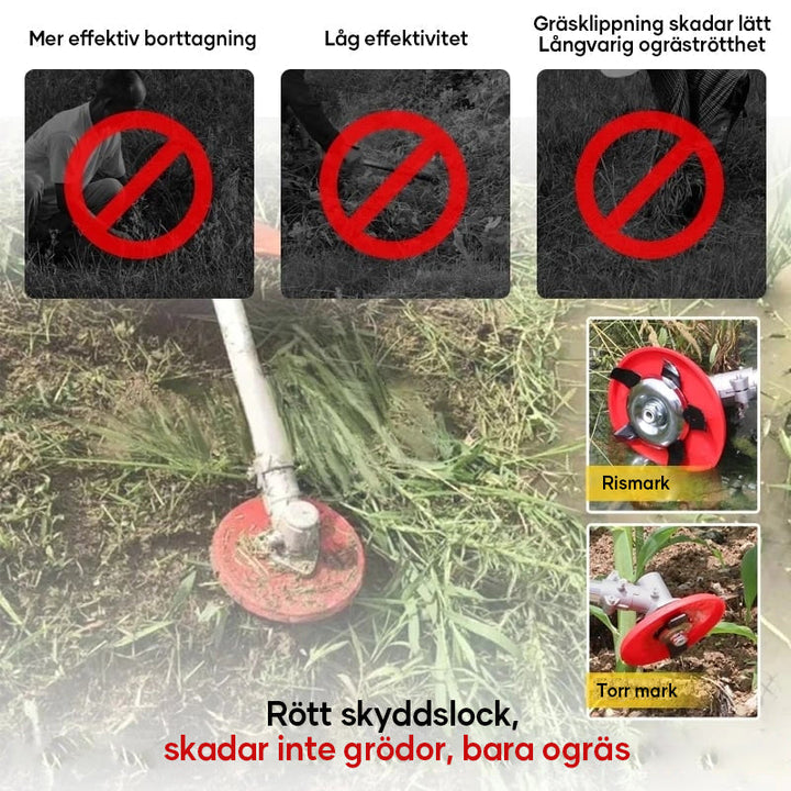 Röd multifunktionell ogrässkiva i stål och plast för trädgårdsarbete, med stjärnformat blad på grön bakgrund.