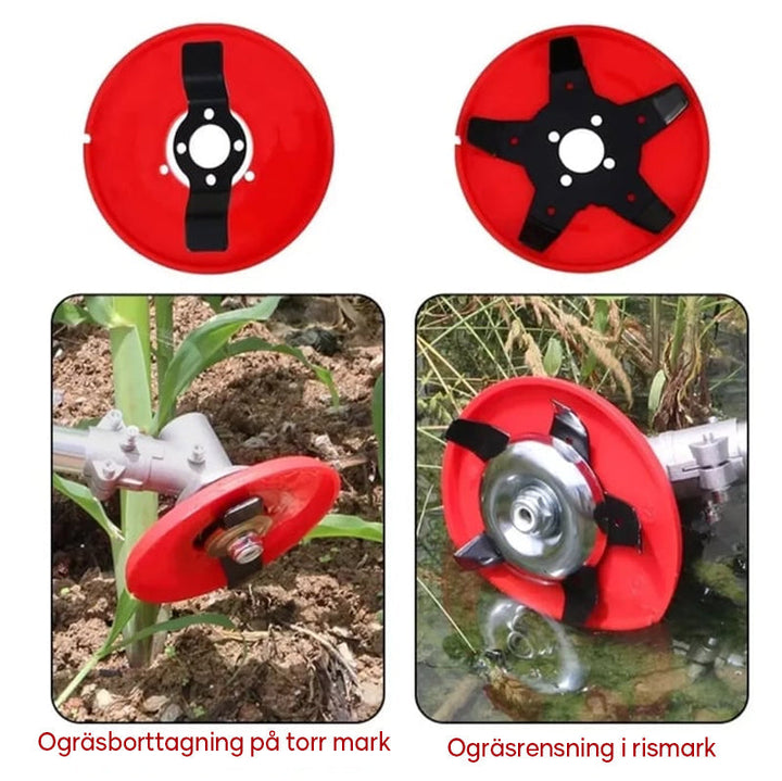 Röd multifunktionell ogrässkiva i stål och plast för trädgårdsarbete, med stjärnformat blad på grön bakgrund.