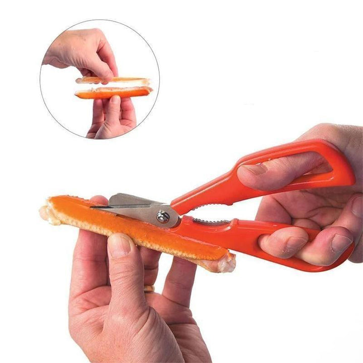 "Röd och svart skaldjurssax i rostfritt stål för effektiv och stilren krabbskärning, 7 tum lång, med ergonomiskt grepp."