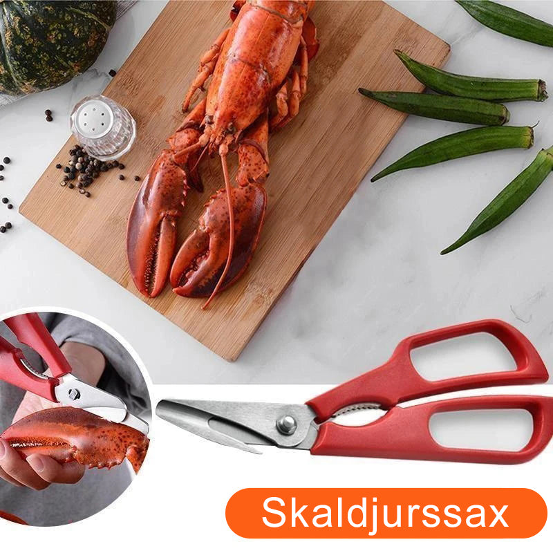 "Röd och svart skaldjurssax i rostfritt stål för effektiv och stilren krabbskärning, 7 tum lång, med ergonomiskt grepp."