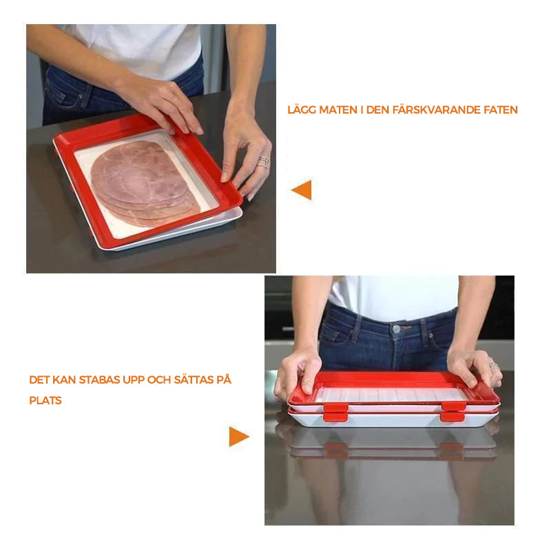 "Röd och vit matkonserveringsbricka med elastisk film, staplad för platsbesparing och matens färskhet i köket."