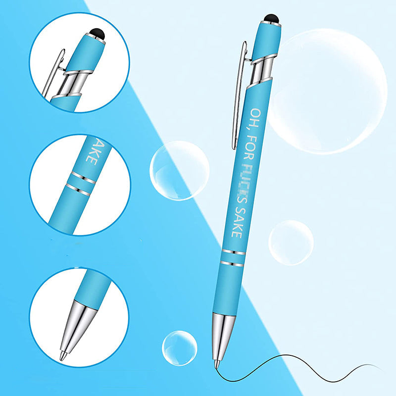 Roliga metallkontorspennor med svart bläck, eleganta med humoristiska gravyrer, idealiska som kontorets samtalsöppnare.