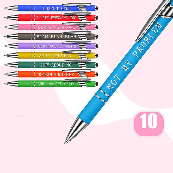 Roliga metallkontorspennor med svart bläck, eleganta med humoristiska gravyrer, idealiska som kontorets samtalsöppnare.