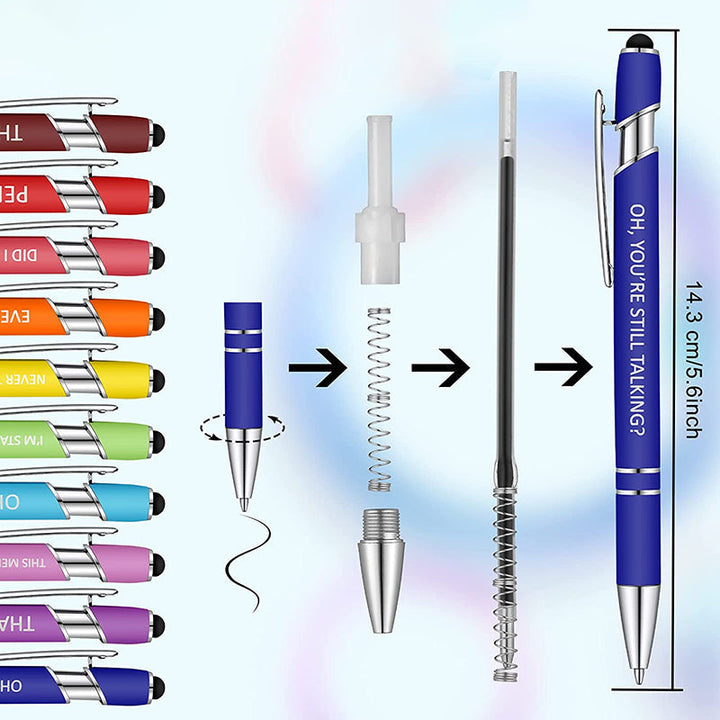 Roliga metallkontorspennor med svart bläck, eleganta med humoristiska gravyrer, idealiska som kontorets samtalsöppnare.