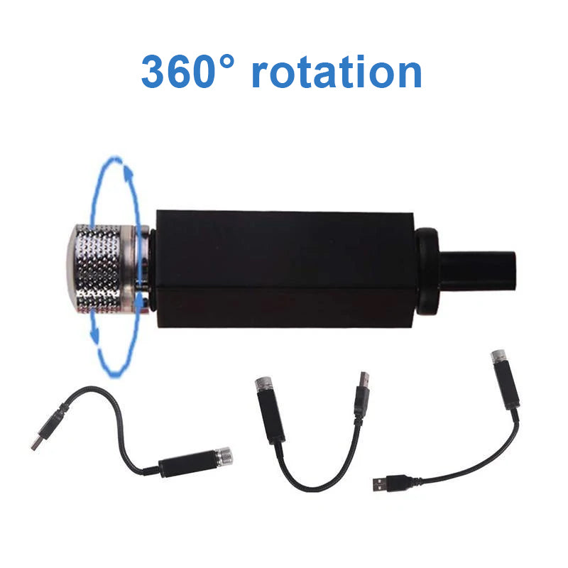 "Romantisk USB stjärnprojektionslampa med ställbar violett ljusintensitet, 360-graders rotation, kompakt, metall 226x15mm."