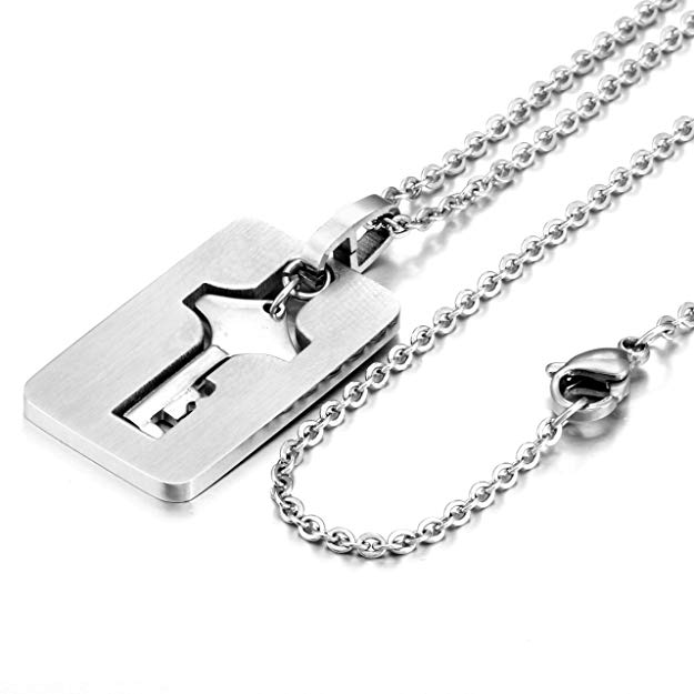 "Romantiskt armband och halsband för par i titanstål med hjärt- och nyckeldesign, i silver och roséguld."
