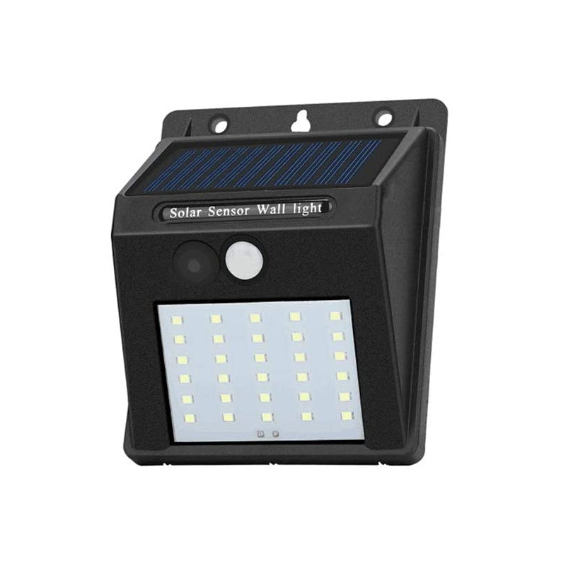 "Rörelsesensor LED-lampa utomhus IP65, solcellsdriven med 30 LED, robust svart design, perfekt för trädgårdsbelysning."