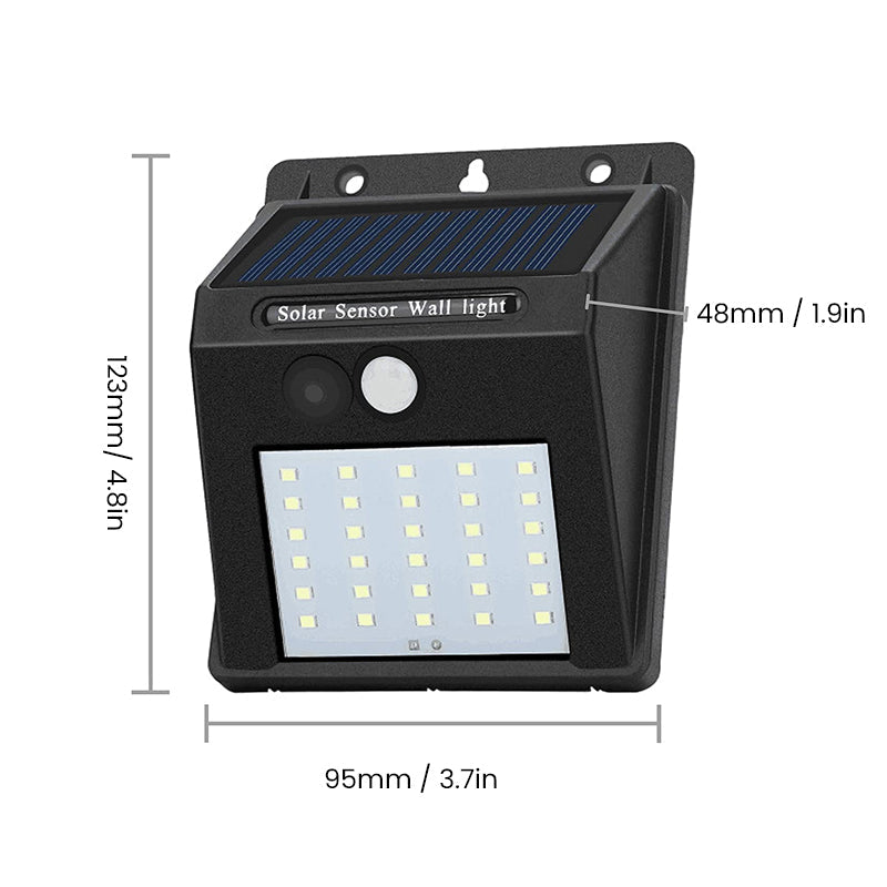 "Rörelsesensor LED-lampa utomhus IP65, solcellsdriven med 30 LED, robust svart design, perfekt för trädgårdsbelysning."