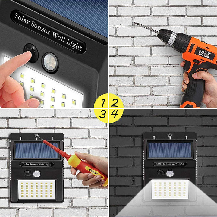 "Rörelsesensor LED-lampa utomhus IP65, solcellsdriven med 30 LED, robust svart design, perfekt för trädgårdsbelysning."