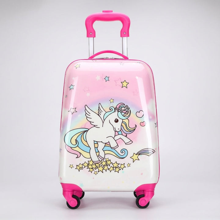 Söt rosa enhörningsresväska för barn. Lättviktig hårdresväska med hjul, perfekt som barnbagage på flyg.