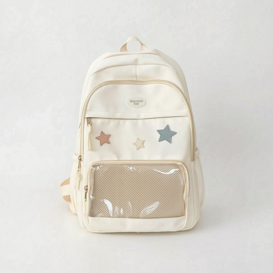 Rosa flickryggsäck i kawaii-stil med stjärndetaljer. Estetisk och praktisk nylonväska för skolan.