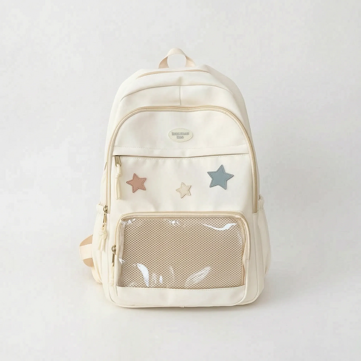 Rosa flickryggsäck i kawaii-stil med stjärndetaljer. Estetisk och praktisk nylonväska för skolan.