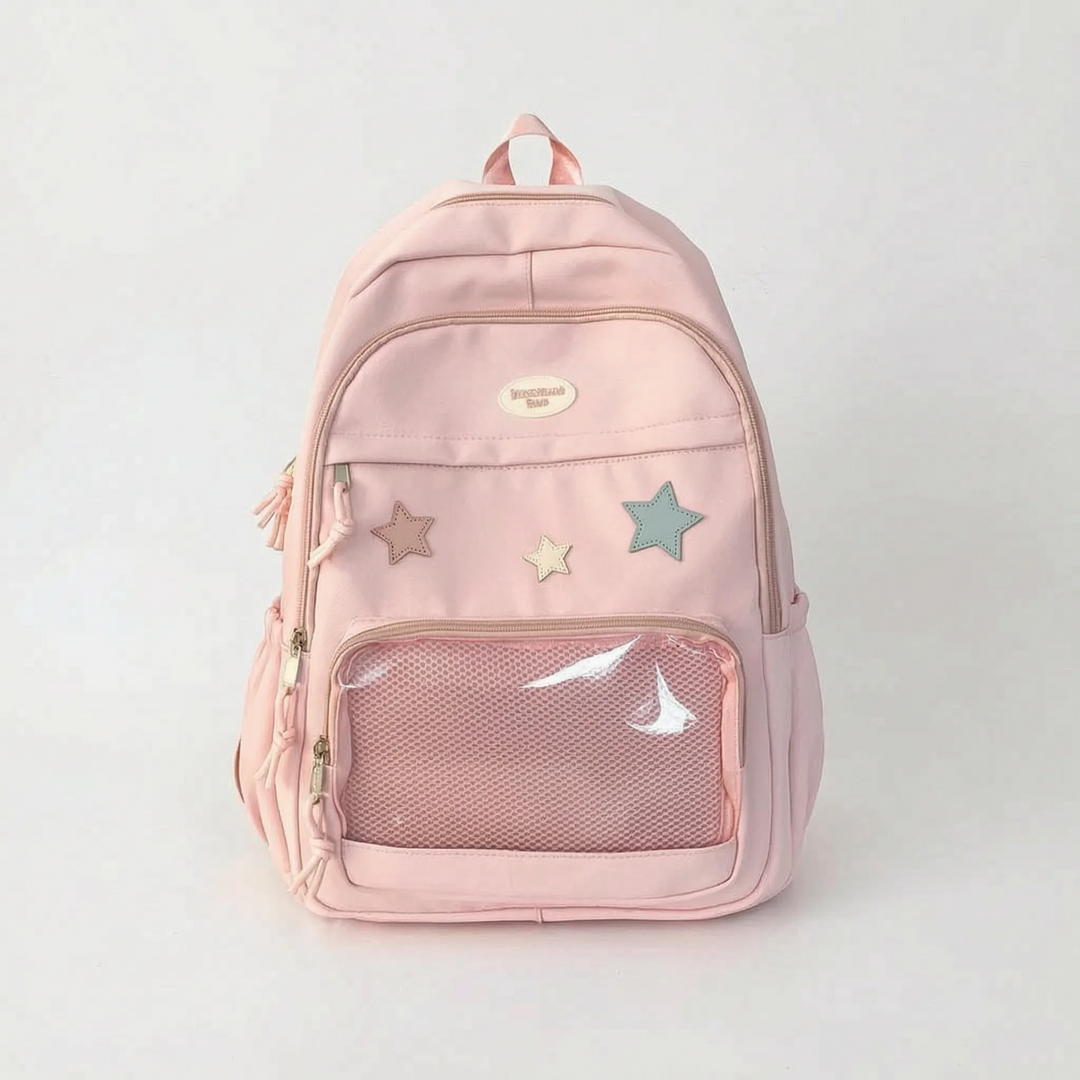 Rymlig rosa skolväska med stjärnor, en estetisk och kawaii flickryggsäck i hållbar nylon.