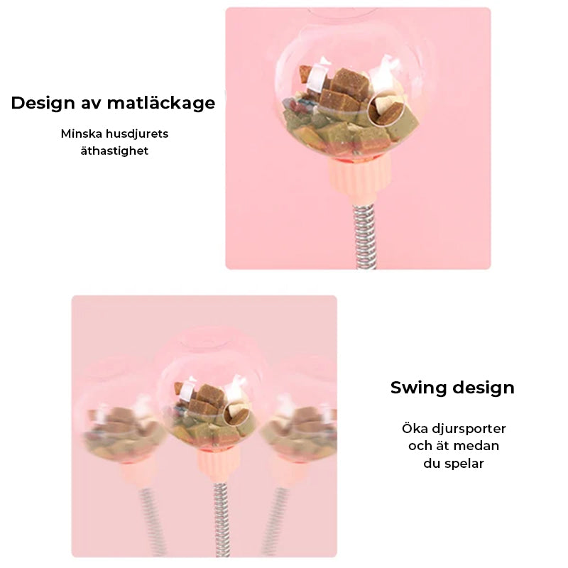 "Rosa och blå interaktiv automatisk bollmatare för husdjur, med bollar och sugkoppar för stabilitet och lekglädje."