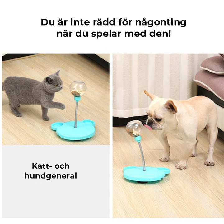 "Rosa och blå interaktiv automatisk bollmatare för husdjur, med bollar och sugkoppar för stabilitet och lekglädje."