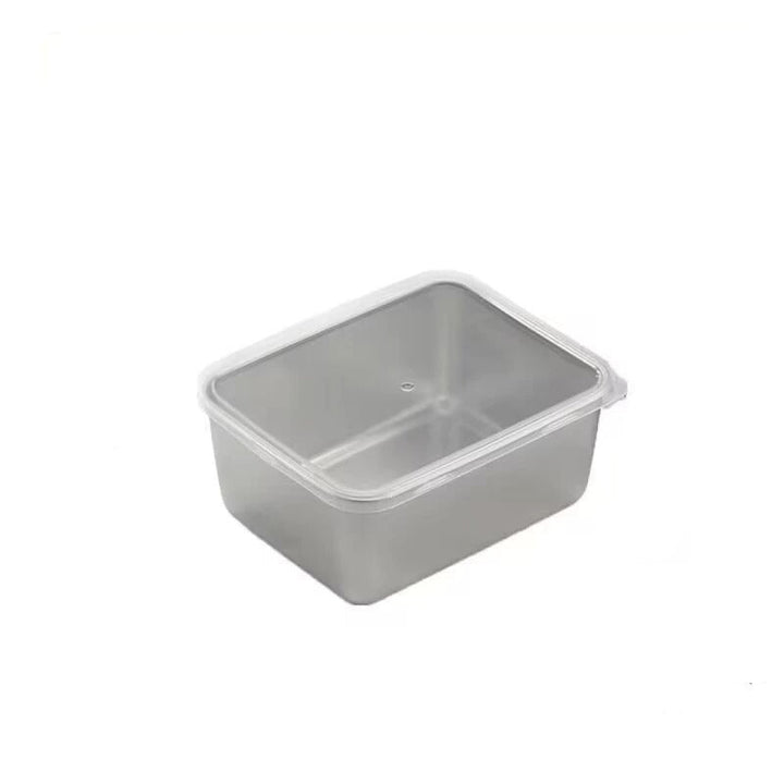 Rostfri fyrkantig bakform med lock, metallisk finish och släta kanter, perfekt för bakning och matlagning i köket.