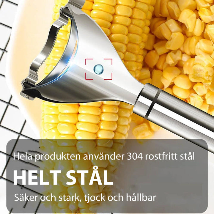 "Rostfri majskolvskalare med ergonomiskt handtag, silvrig, hållbar, effektiv för enkel majsberedning i köket."