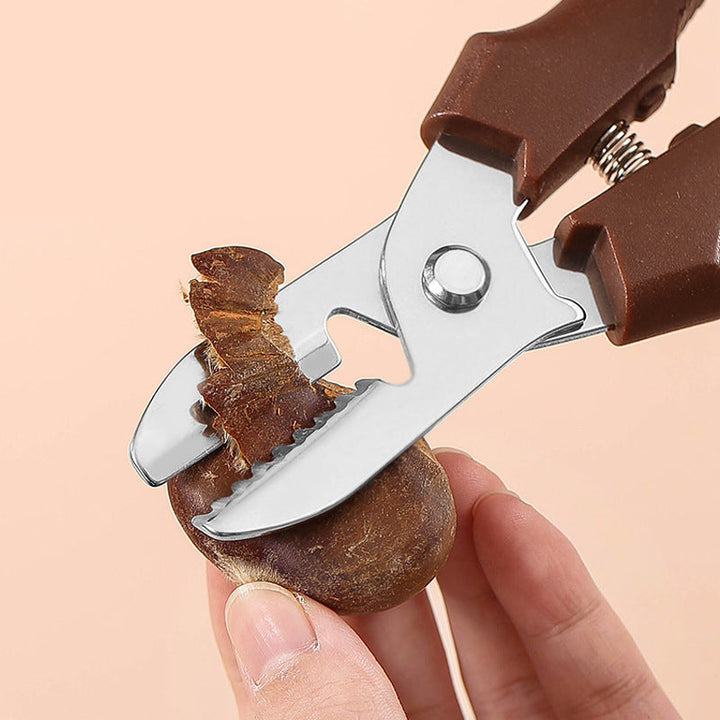 "Rostfri nötöppnare med brun detaljer, ergonomisk design för enkel öppning av valnötter och kastanjer i köket."