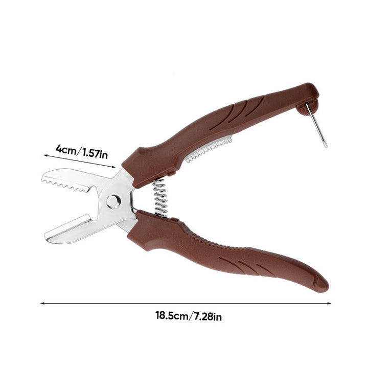 "Rostfri nötöppnare med brun detaljer, ergonomisk design för enkel öppning av valnötter och kastanjer i köket."