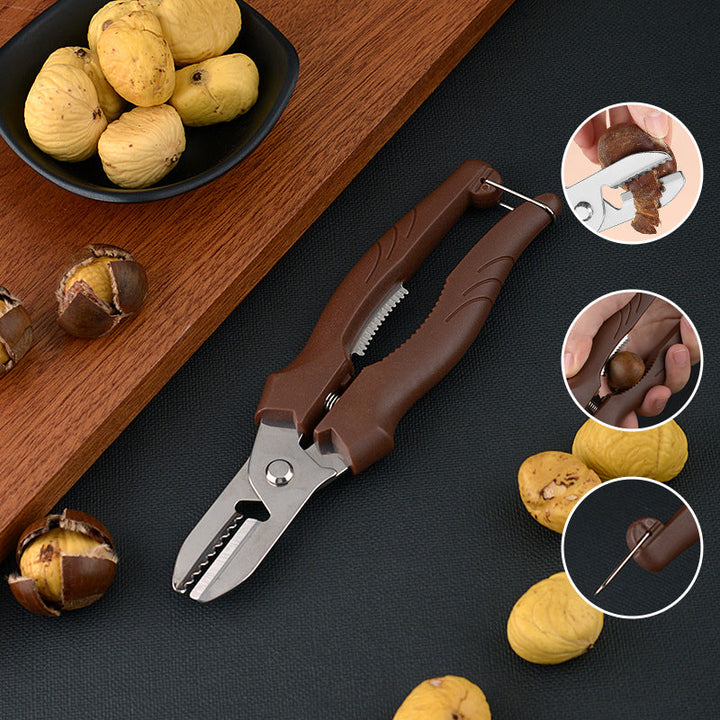 "Rostfri nötöppnare med brun detaljer, ergonomisk design för enkel öppning av valnötter och kastanjer i köket."