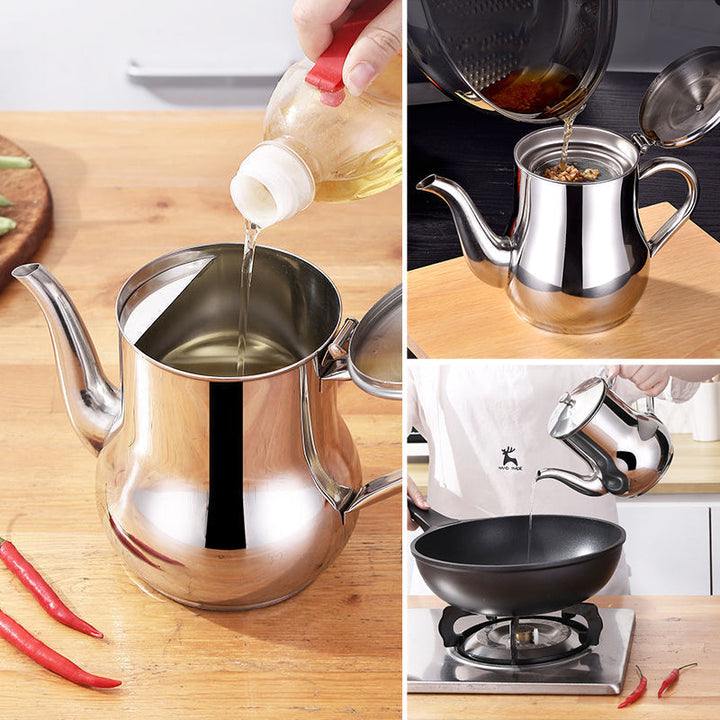 "Rostfri oljelektron i silver, multifunktionellt kökshjälpmedel med finmaskigt filter och ergonomiskt handtag."