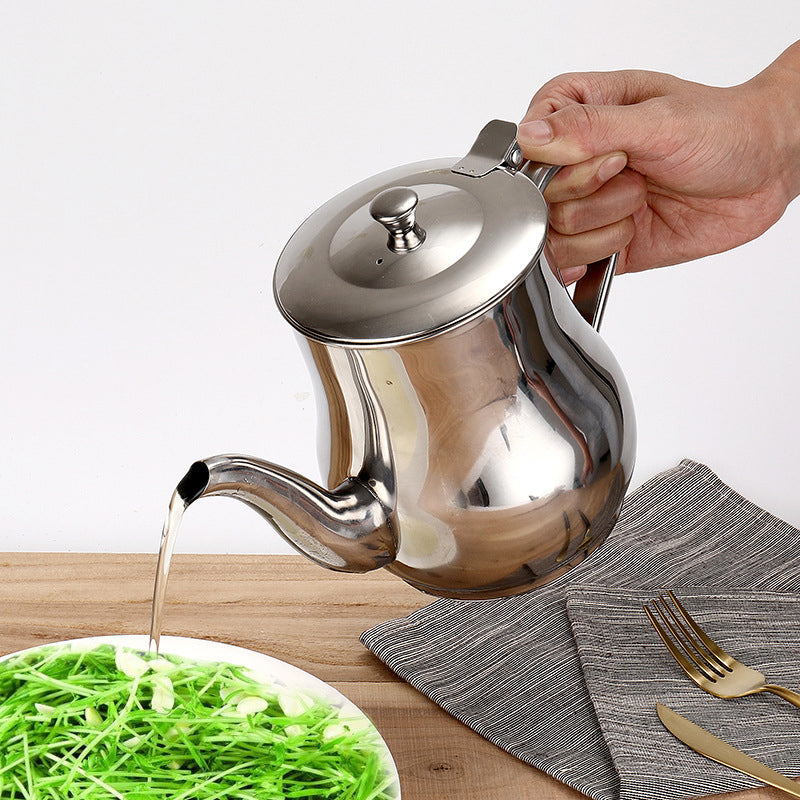 "Rostfri oljelektron i silver, multifunktionellt kökshjälpmedel med finmaskigt filter och ergonomiskt handtag."