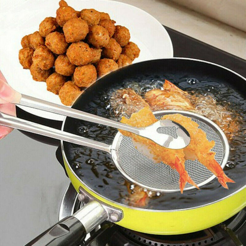 Rostfritt olje durkslag, elegant design, filtrering av olja, hållbart stål, köksverktyg för dränering av stekt mat.
