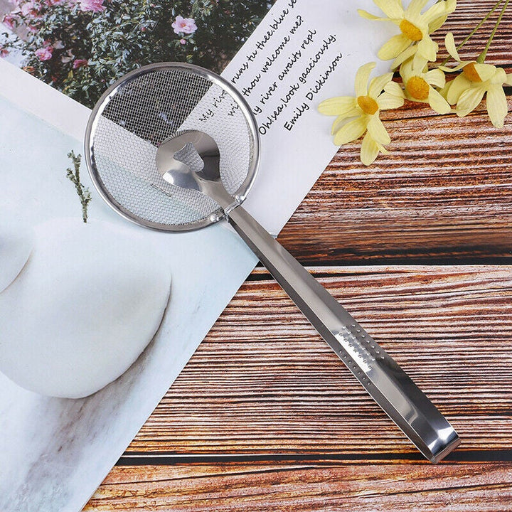 Rostfritt olje durkslag, elegant design, filtrering av olja, hållbart stål, köksverktyg för dränering av stekt mat.