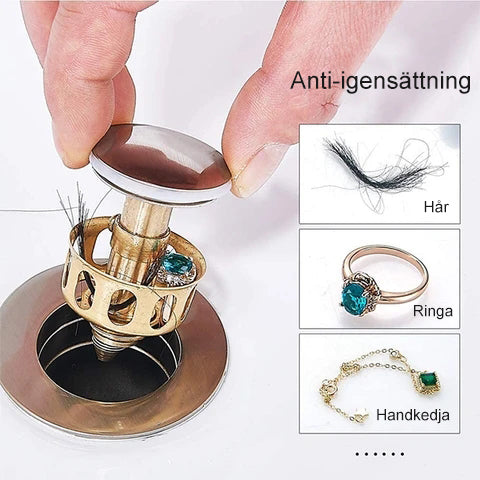 "Rostfritt stål avloppsfilter för tvättställ, elegant design, förhindrar blockeringar och dålig lukt, passar de flesta avlopp