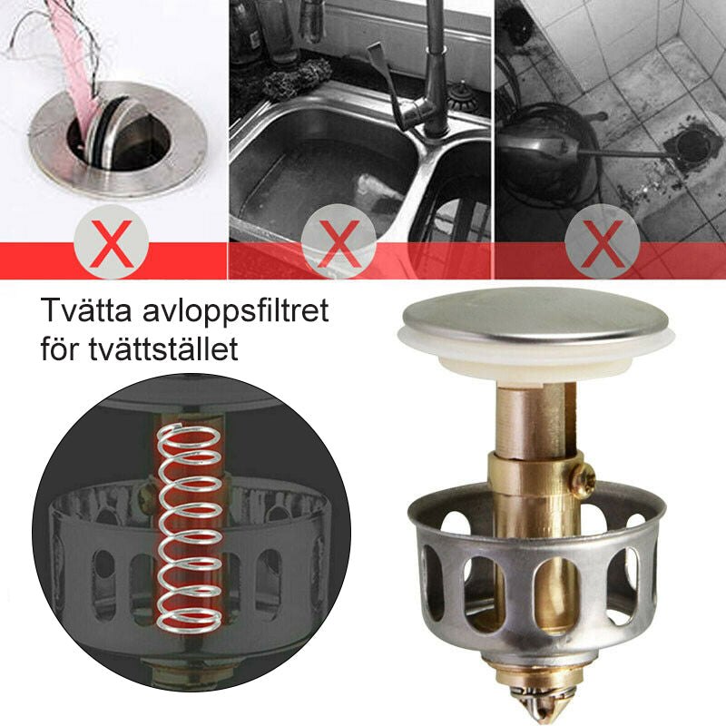 "Rostfritt stål avloppsfilter för tvättställ, elegant design, förhindrar blockeringar och dålig lukt, passar de flesta avlopp