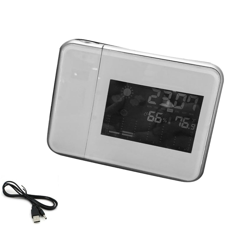 "Roterande klocka med färgdisplay, projicerar tid och temperatur i röd ton, elegant design för sovrum"