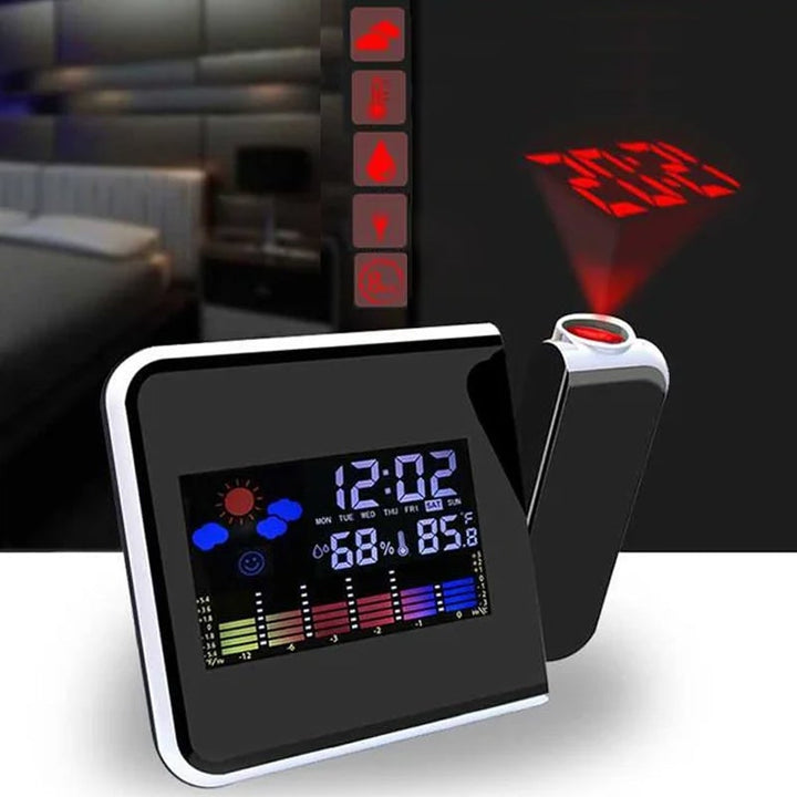 "Roterande klocka med färgdisplay, projicerar tid och temperatur i röd ton, elegant design för sovrum"