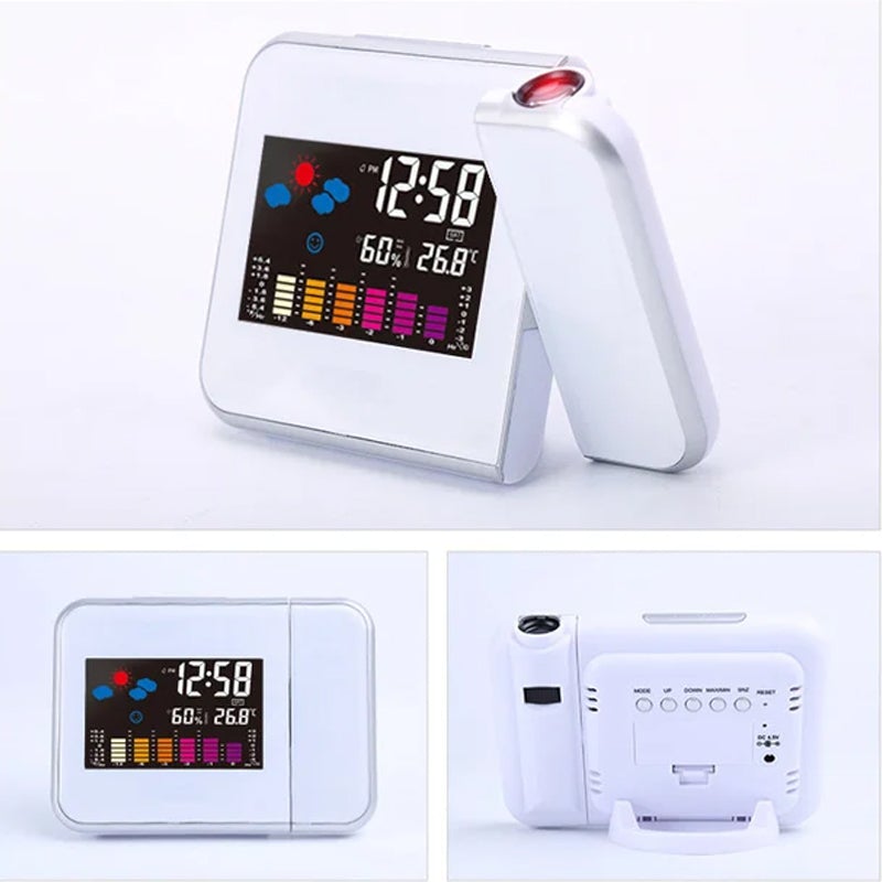 "Roterande klocka med färgdisplay, projicerar tid och temperatur i röd ton, elegant design för sovrum"