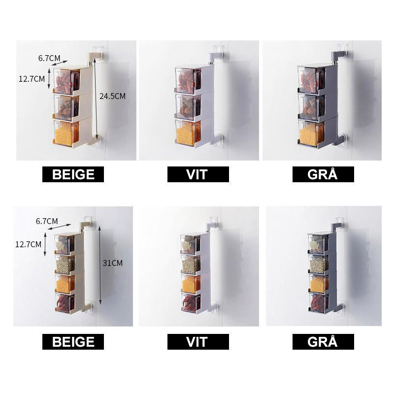 "Roterande kryddhylla med 3/4 lager, grå färg, besparar köksutrymme, elegant design med skyddande lock, 360-graders rotation.