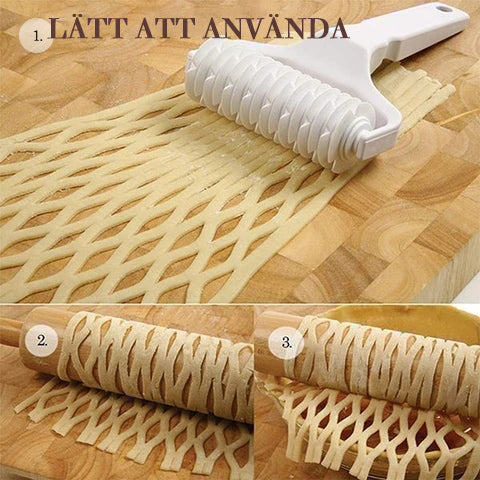 Roterande rullskärare i plast för bakverk, ergonomiskt handtag, skärarprecisa remsor för perfekta gittermönster.