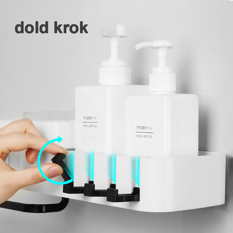 "Roterande självhäftande förvaringshylla för badrum och kök, 180° rotation, svart och grå, stilren, kompakt hörndesign."