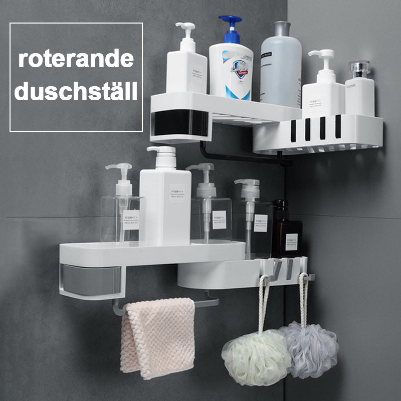 "Roterande självhäftande förvaringshylla för badrum och kök, 180° rotation, svart och grå, stilren, kompakt hörndesign."