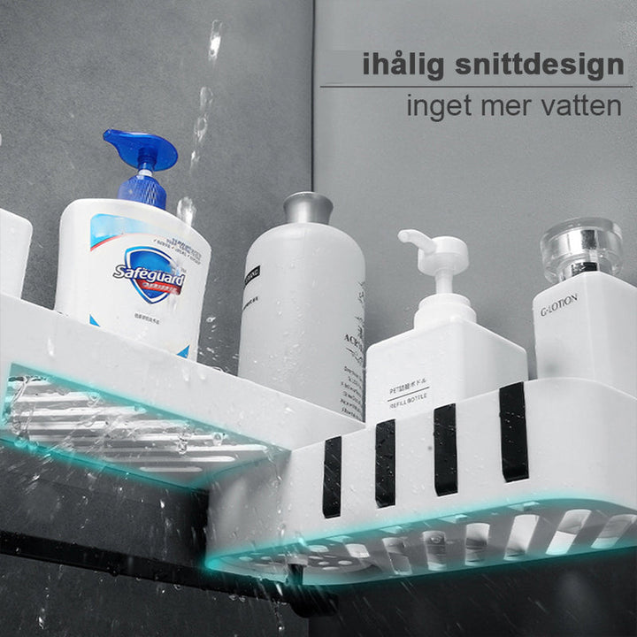 "Roterande självhäftande förvaringshylla för badrum och kök, 180° rotation, svart och grå, stilren, kompakt hörndesign."