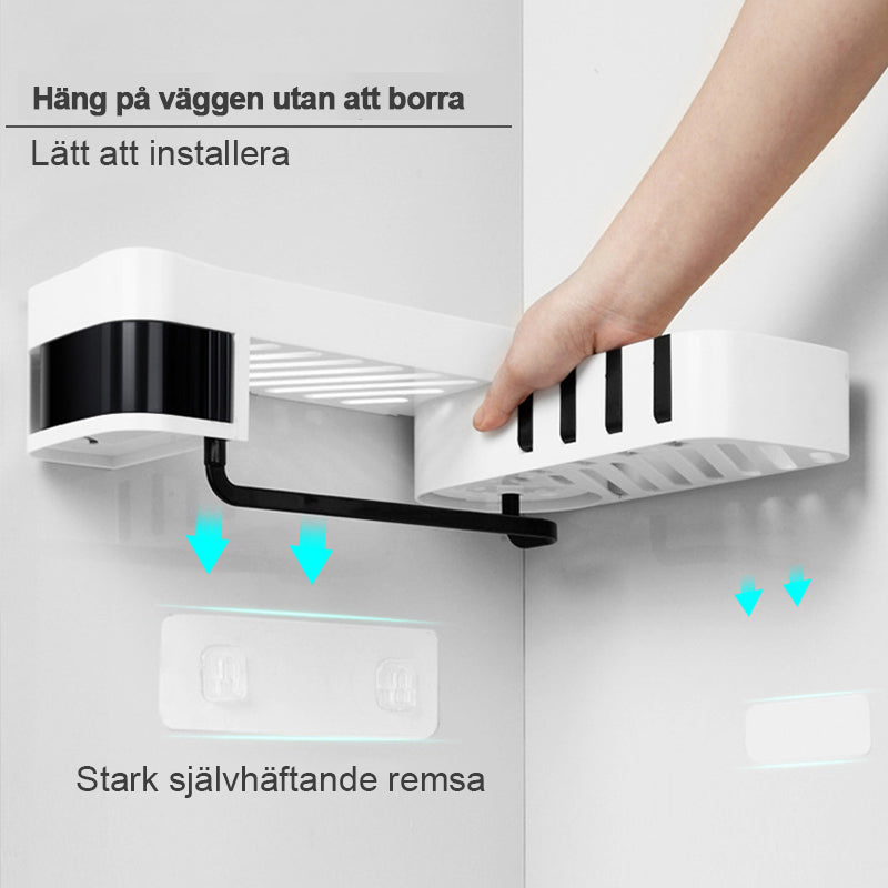 "Roterande självhäftande förvaringshylla för badrum och kök, 180° rotation, svart och grå, stilren, kompakt hörndesign."