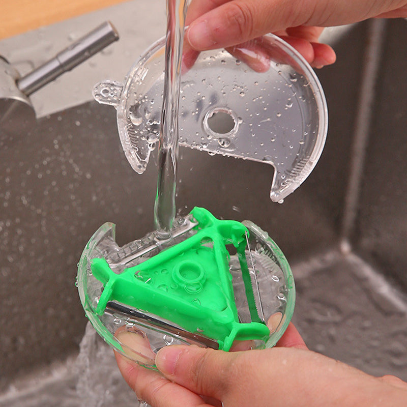 "Roterbar grönsaksskalare med 3 utbytbara blad, ergonomiskt handtag, rostfritt stål, för kök i färger röd, blå, grön."