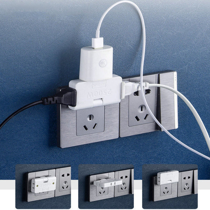 "Roterbar vägguttagadapter med 3 AC-uttag, kompakt design i vitt, idealisk för hem och resa. Brandsäkert material."