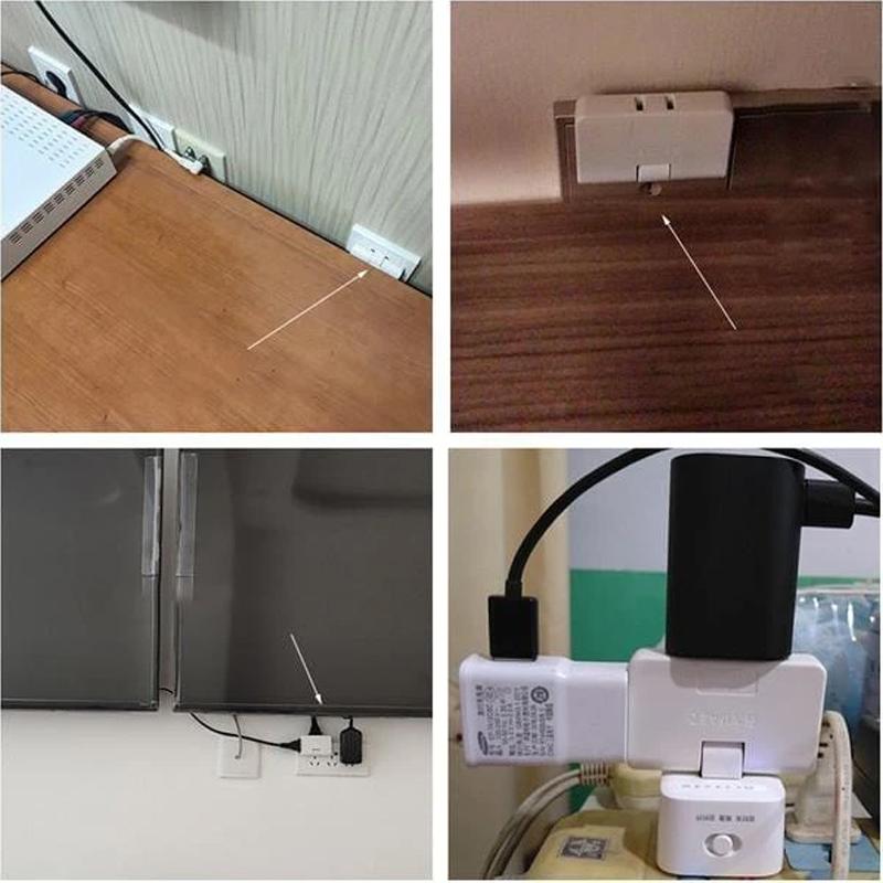 "Roterbar vägguttagadapter med 3 AC-uttag, kompakt design i vitt, idealisk för hem och resa. Brandsäkert material."