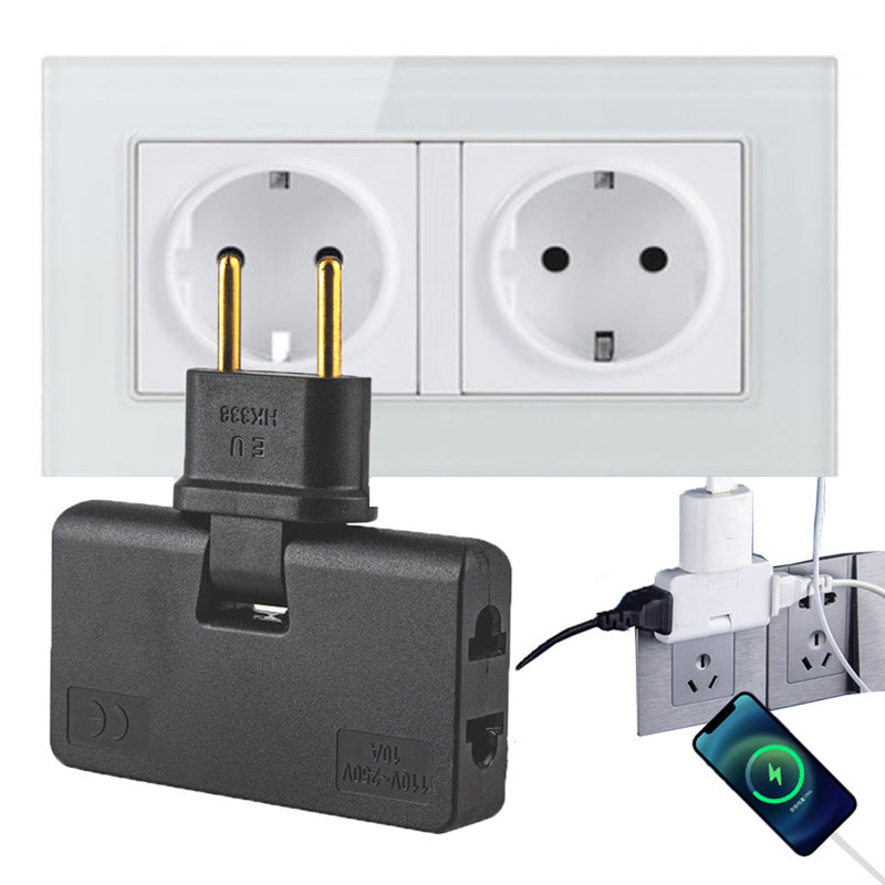 "Roterbar vägguttagadapter med 3 AC-uttag, kompakt design i vitt, idealisk för hem och resa. Brandsäkert material."