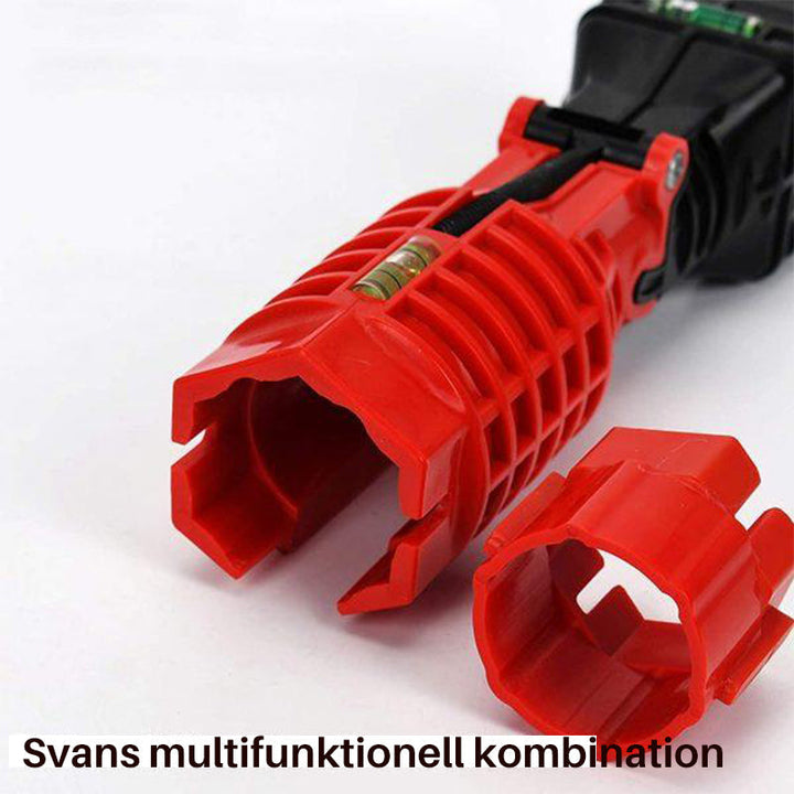 "Rött multiverktyg för VVS, 18-i-en, aluminium, ergonomisk form för trånga utrymmen, idealisk för kök och badrum."