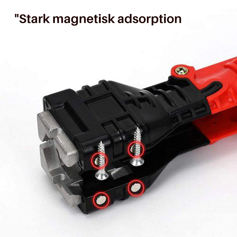 "Rött multiverktyg för VVS, 18-i-en, aluminium, ergonomisk form för trånga utrymmen, idealisk för kök och badrum."