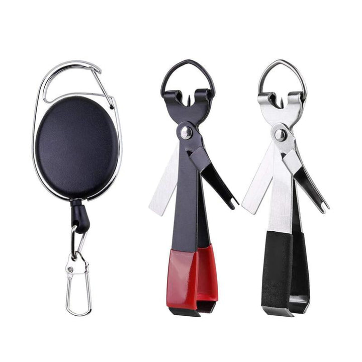 "Rött och svart knutverktyg för fiske, kompakt design, hållbar rostfri metall med halkfritt grepp."