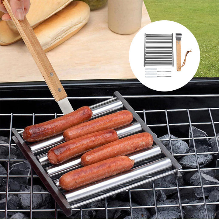 "Rullande korvställ i rostfritt stål som tillagar upp till fem korvar jämnt, elegant och grillvänlig design."
