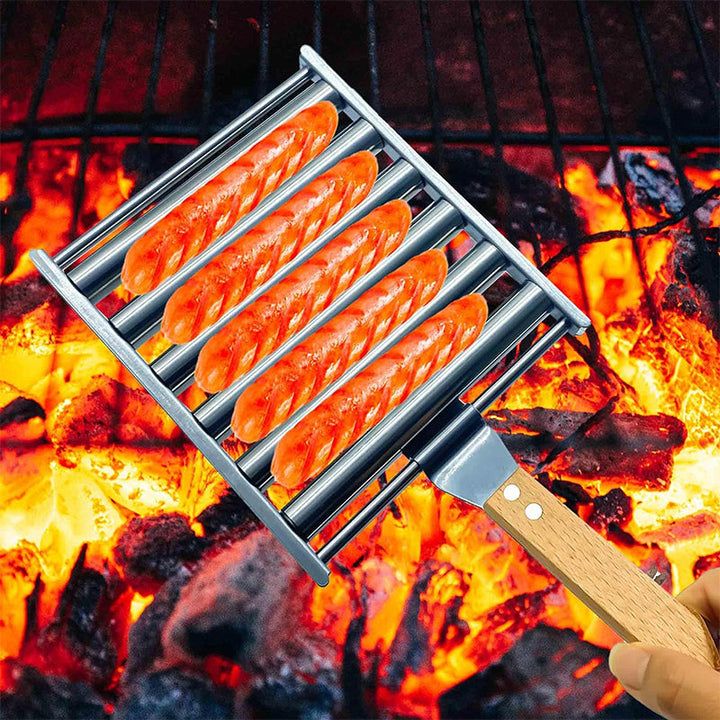 "Rullande korvställ i rostfritt stål som tillagar upp till fem korvar jämnt, elegant och grillvänlig design."