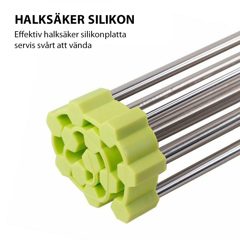 "Rullbart diskställ i rostfritt stål, elegant design, perfekt för kök, platsbesparande och värmebeständigt."
