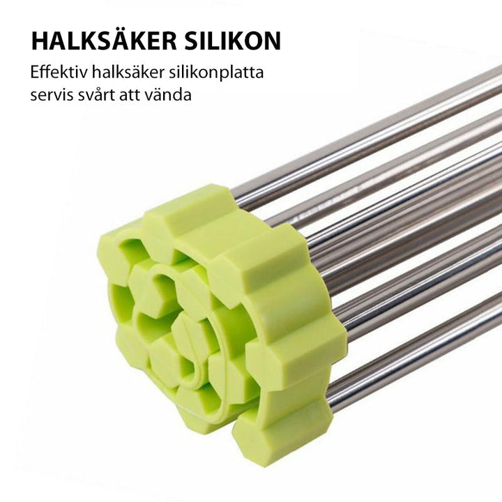 "Rullbart diskställ i rostfritt stål, elegant design, perfekt för kök, platsbesparande och värmebeständigt."